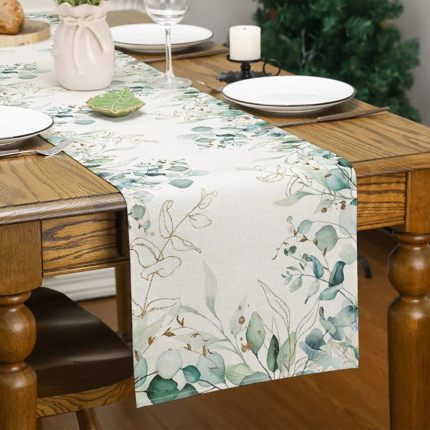 Spring Green Eucalyptus Linen Table Runner