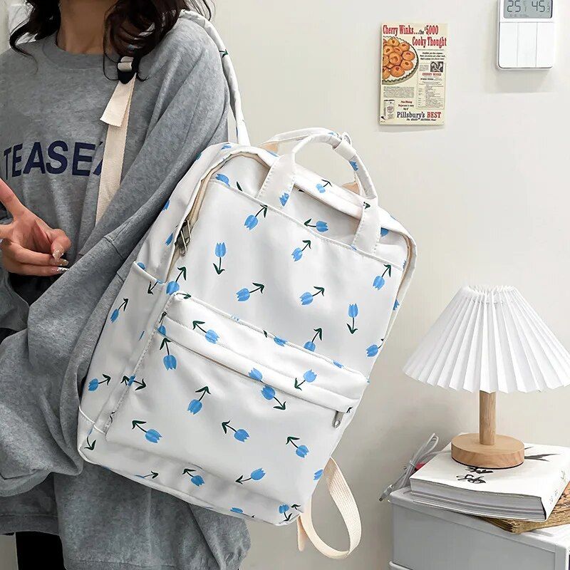 Tulip Print College-Style Backpack for Women