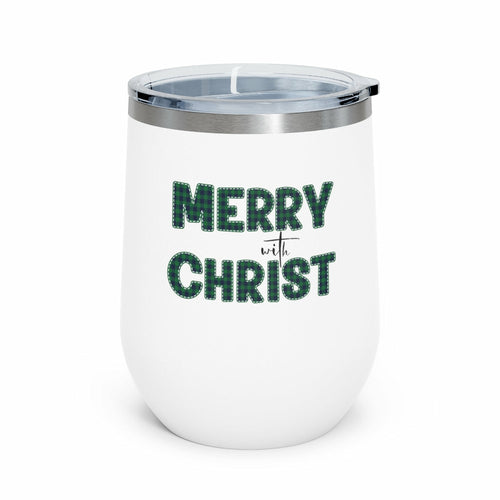 Insulated Tumbler - 12oz, Merry With Christ, Green Plaid Christmas