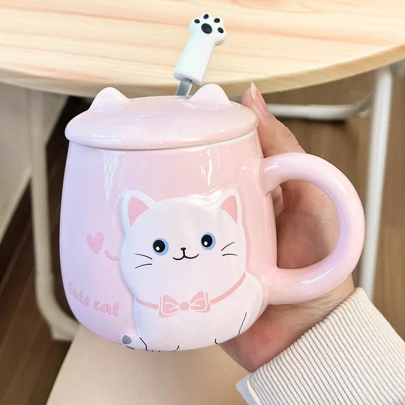 Cute Cartoon Cat Ceramic Mug with Lid and Spoon - Perfect for Office and Home Use