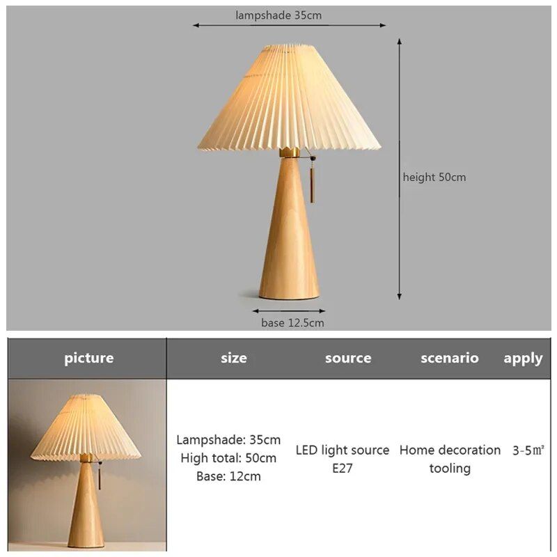 Modern Nordic Pleated Table Lamp - Solid Wood Desk Light with Fabric Shade