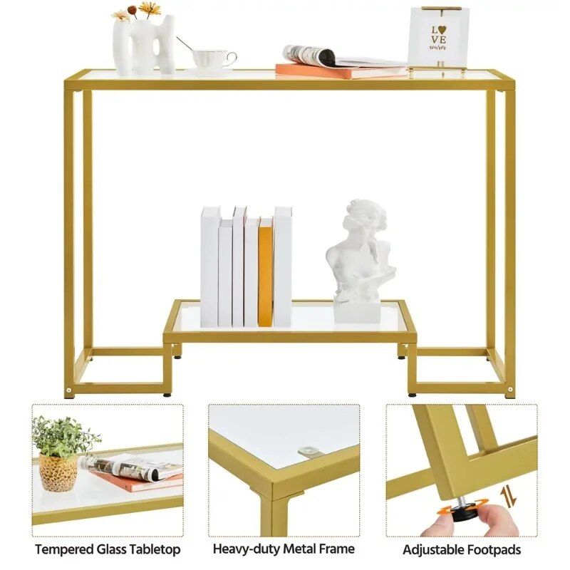 Gold-Tone 2-Layer Tempered Glass Console Table with Metal Frame for Versatile Use