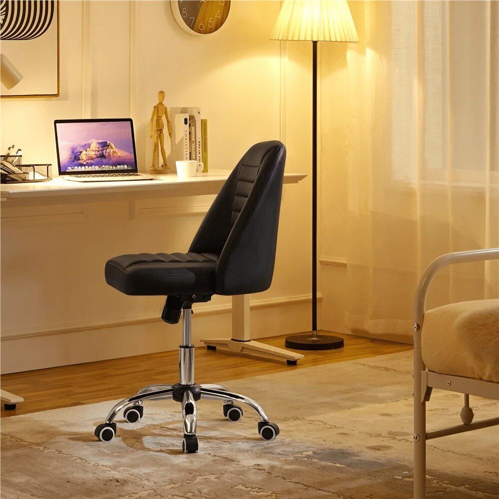 Elegant Black Faux Leather Armless Office Chair - Modern Tufted Design