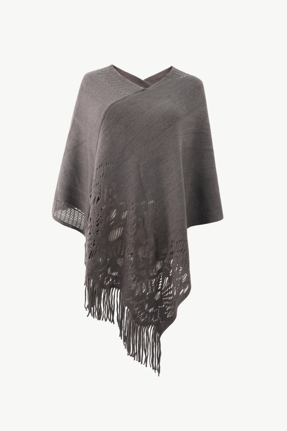 Openwork Fringe Hem V-Neck Poncho