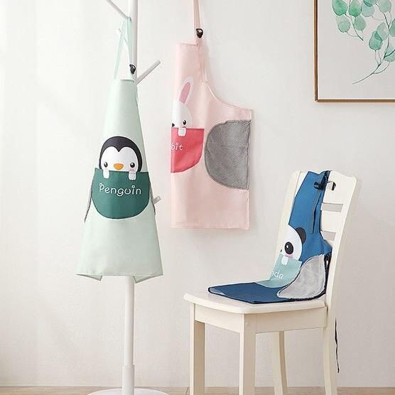 Charming Cartoon Animal Waterproof Apron with Big Pocket & Hand-Wiping Cloth