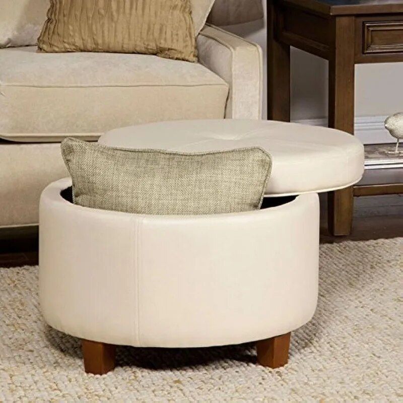 Elegant Ivory Leatherette Round Storage Ottoman