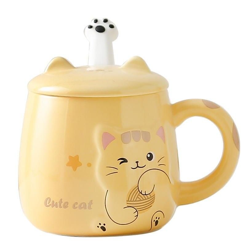 Cute Cartoon Cat Ceramic Mug with Lid and Spoon - Perfect for Office and Home Use