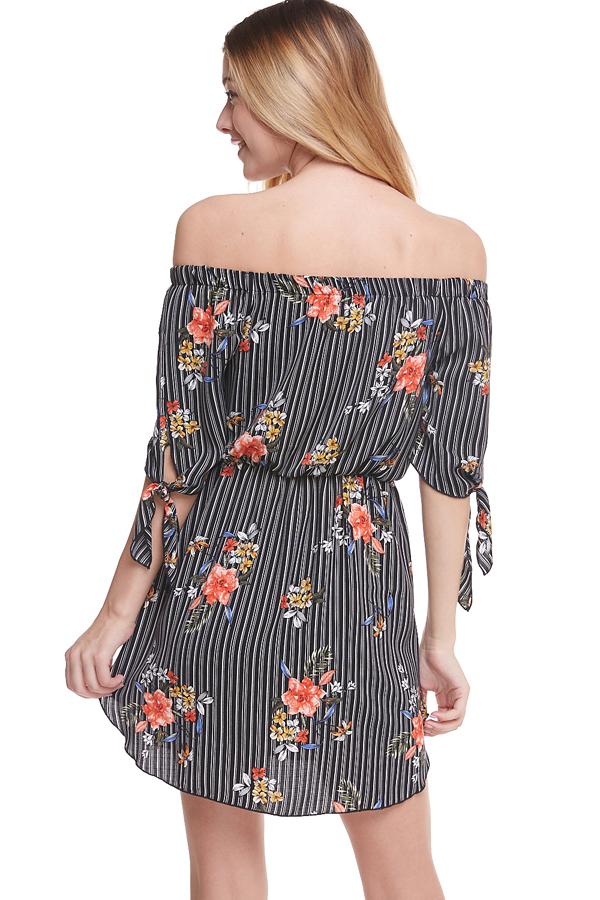 Floral Print Off Shoulder Tie Sleeve Dress