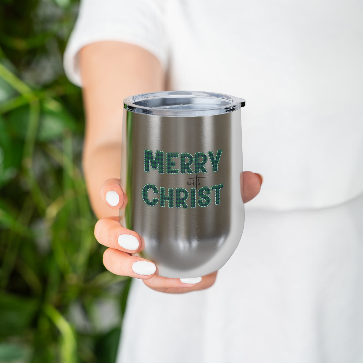 Insulated Tumbler - 12oz, Merry With Christ, Green Plaid Christmas