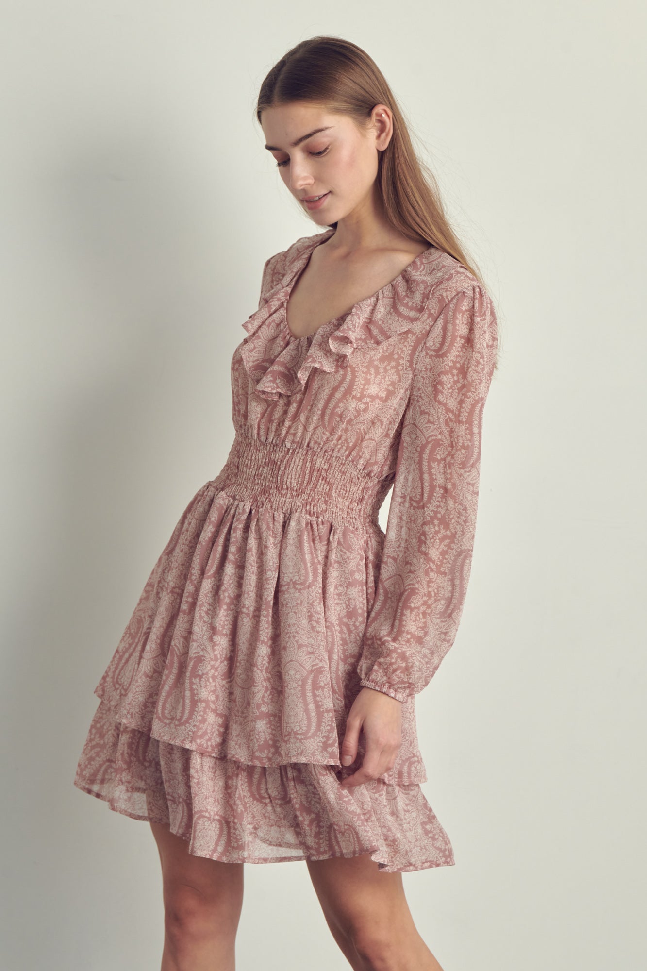 Ruffled neckline smock waisted long sleeve dress