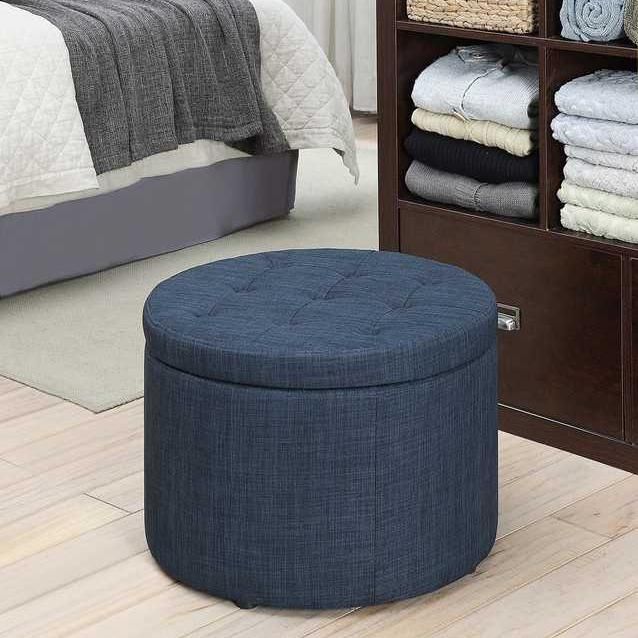 Dark Blue Linen Round Footstool with Shoe Storage