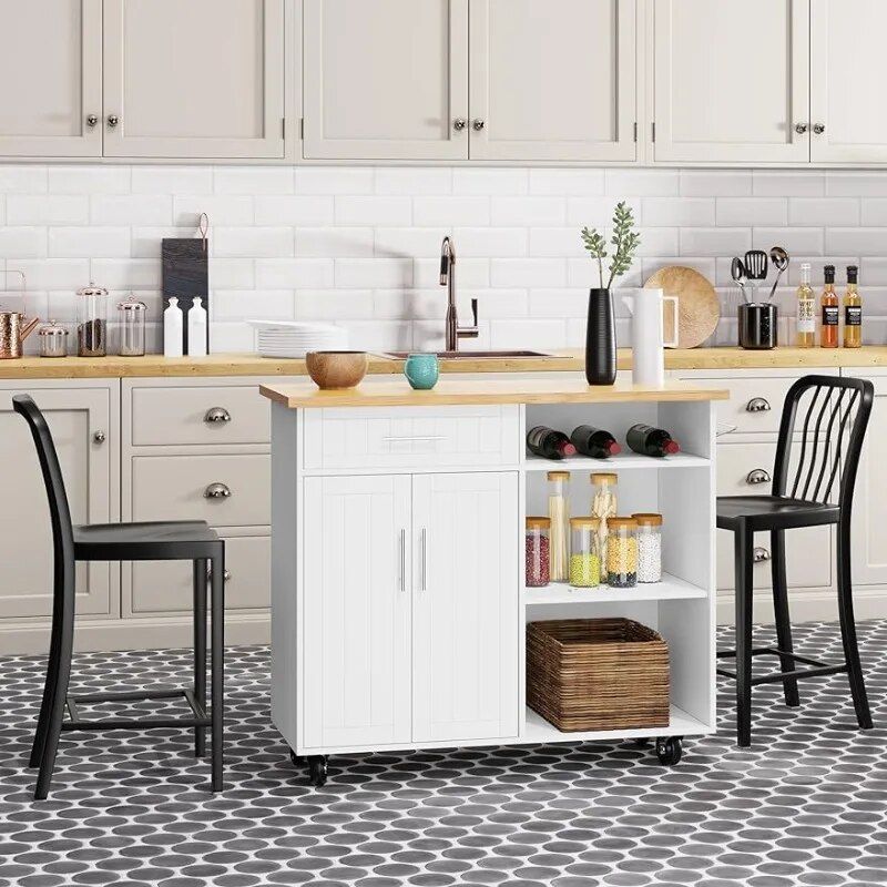 Versatile White Kitchen Island Cart with Storage and Wheels