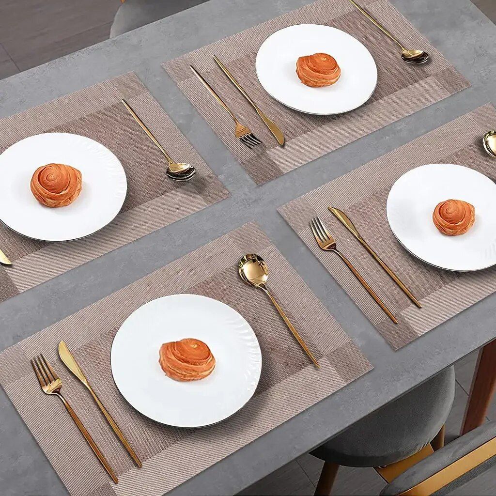 Classic Beige Vinyl Weave Placemats, 12"x18" Heat Resistant Table Mats - Set of 6