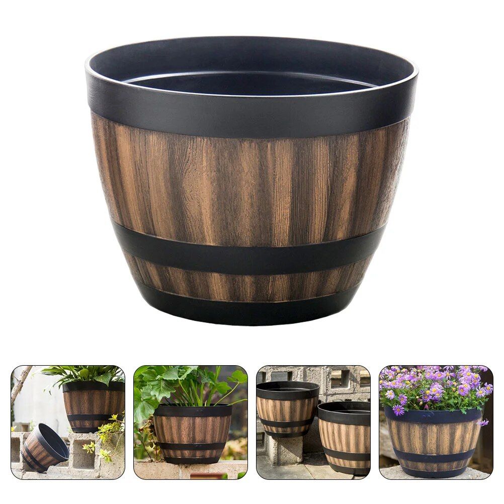 Rustic Faux Wooden Barrel Planter - Durable Plastic Bonsai & Succulent Pot, Retro Outdoor Imitation Planting Box