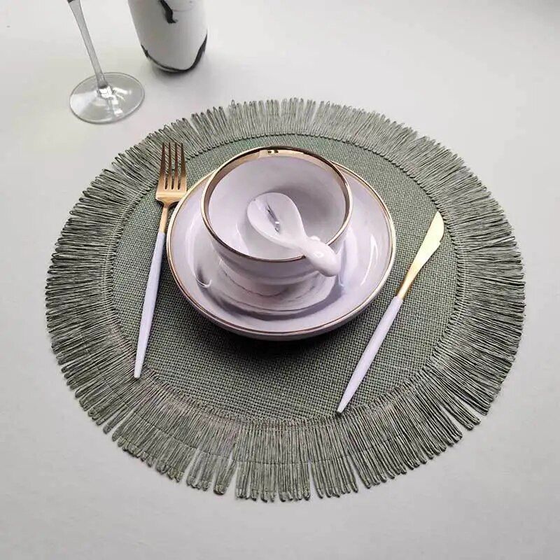 Eco-Friendly Linen Round Placemat with Fringe - Heat Resistant, Non-Slip Kitchen Table Mat