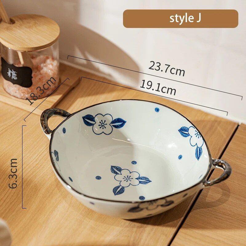 Elegant Floral Ceramic Soup and Salad Bowl with Handle