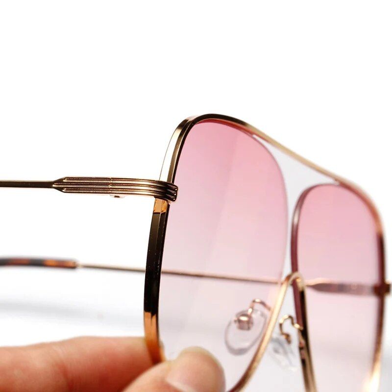 Chic Oversized Square Pilot Sunglasses - Unisex Metal Half Frame with Pink Gradient Lenses