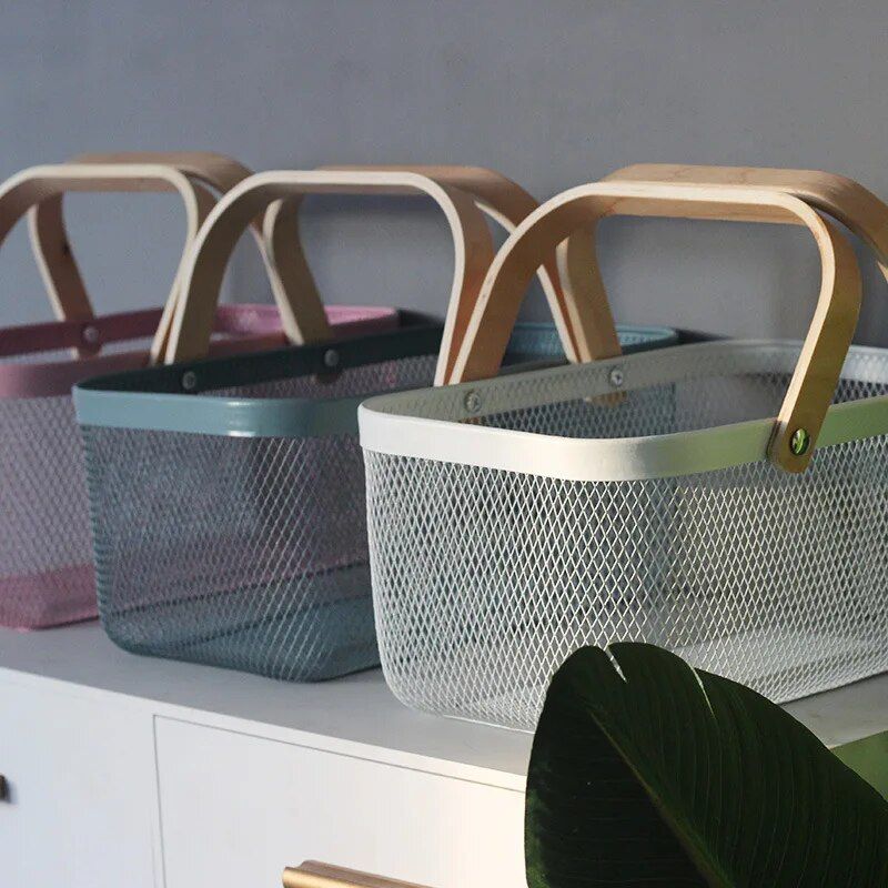 Multi-Purpose Iron Mesh Storage Basket with Wooden Handle