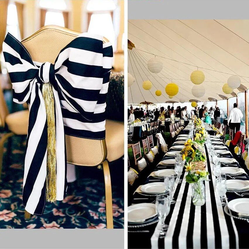 Elegant Black and White Striped Polyester Table Runner for All Occasions