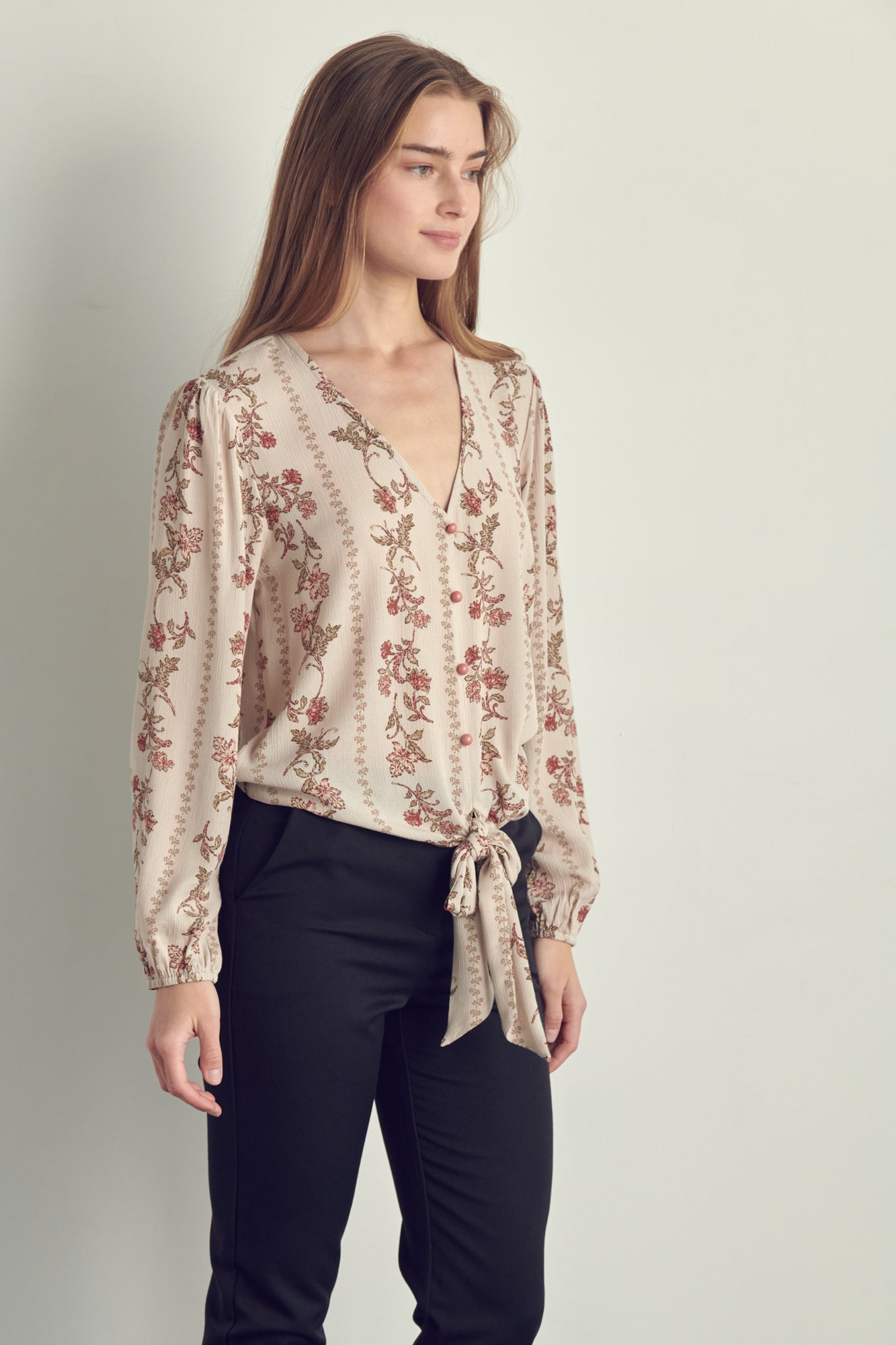 Tie front button detail long sleeve top