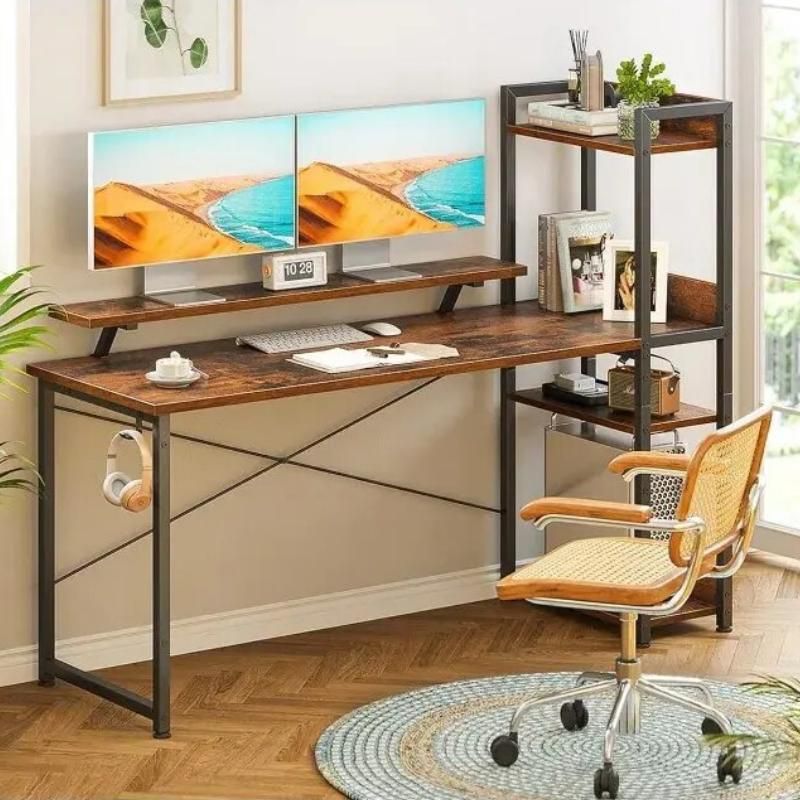 55 Inch Multi-Functional Computer Desk with Storage Shelves and Monitor Stand for Home Office