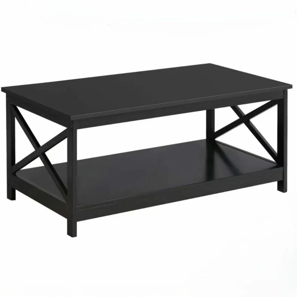 Elegant Black Coffee Table with Storage Shelf for Modern Living Room