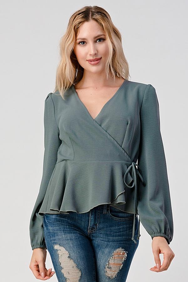 Surplice Tie Waist Long Sleeves Peplum Hem Blouse