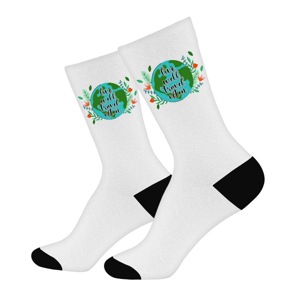 Live Well Travel Often Socks - Graphic Novelty Socks - Unique Crew Socks