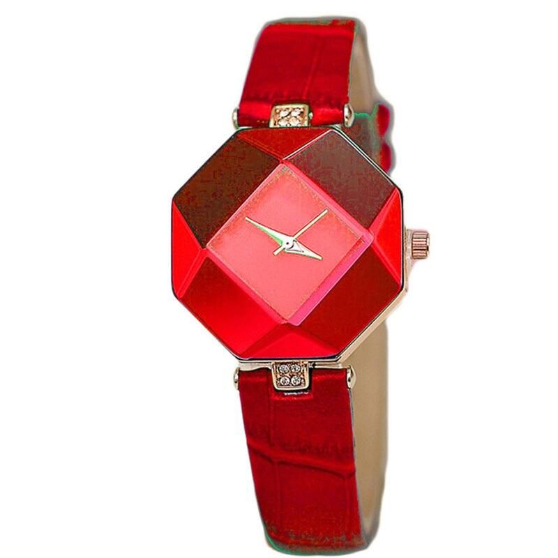 Elegant Gem Cut Geometry Crystal Leather Quartz Women's Watch