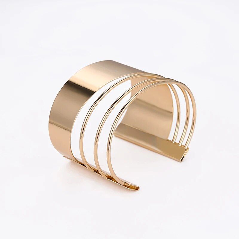 Gold-Plated Geometric Cuff Bangle - Women's Bohemian Wide Wire Statement Jewelry