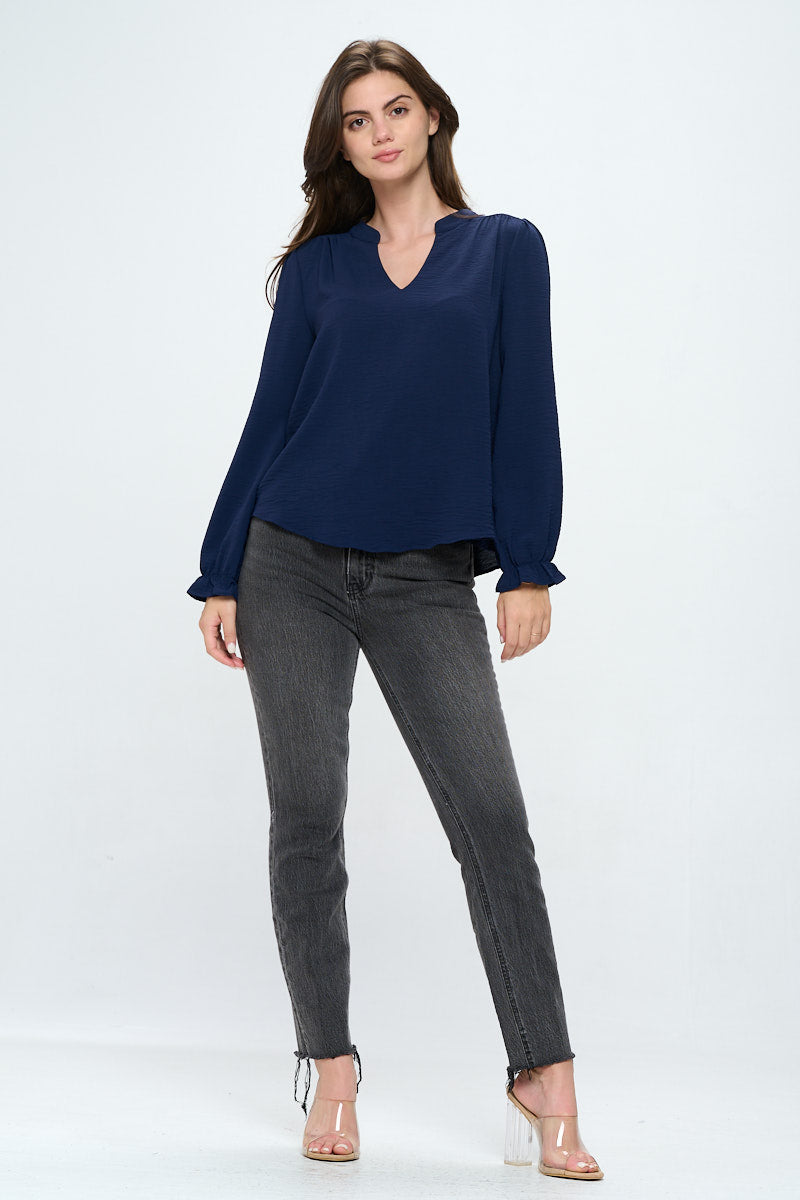 V-neck long sleeve pop-over blouse