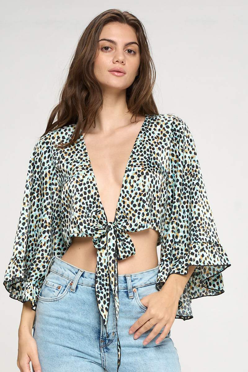 Wide Ruffle Sleeves Tie Crop Cardigan Leopard