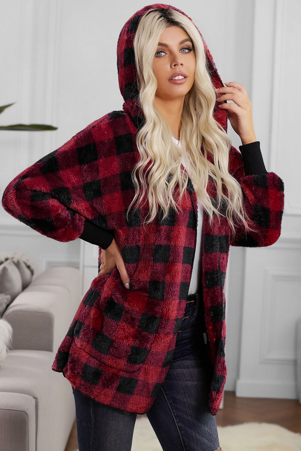 Plaid Fuzzy Fleece Open Front Hooded Jacket