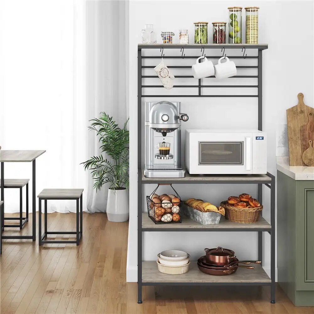 Modern Gray 4-Tier Baker's Rack with Hooks