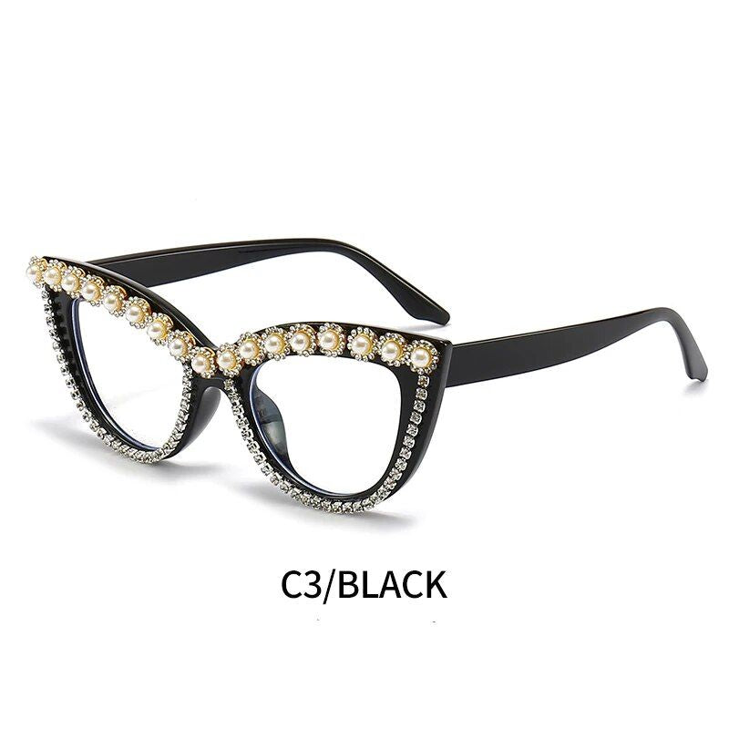 Chic Oversized Cat Eye Sunglasses with Pearl Diamond Detail – Fashion Anti-Blue Light Vintage Eyewear