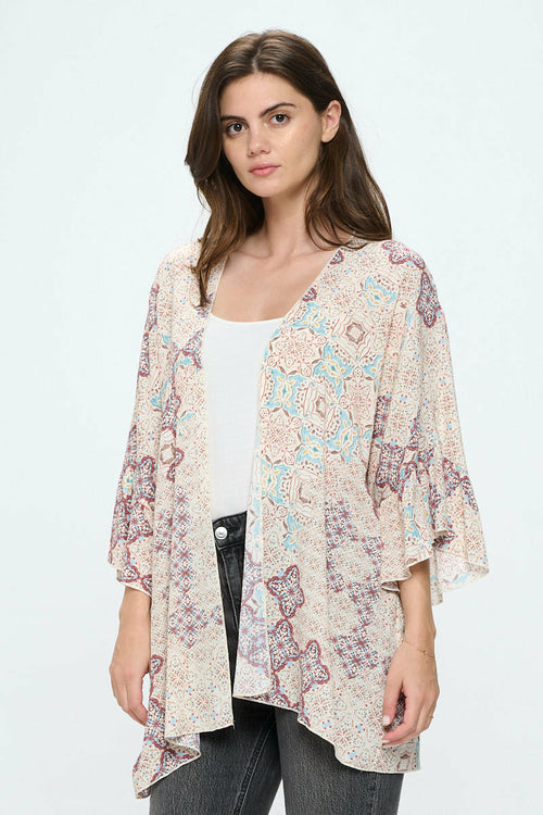 Ruffle sleeves loose fit kimono in ethnic print