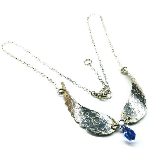 Crystal Drop Sterling Silver Sculpted Angel Wings Necklace