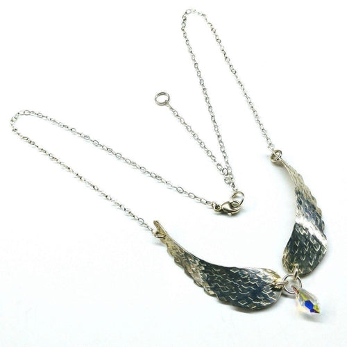 Crystal Drop Sterling Silver Sculpted Angel Wings Necklace