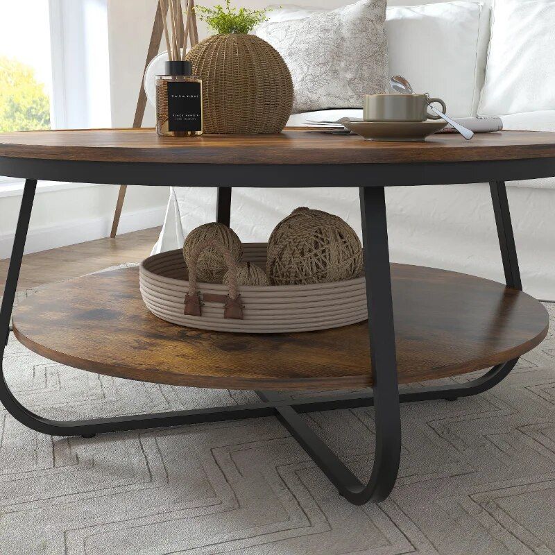 38.5" Rustic Round Coffee Table with Open Storage and Sturdy Metal Legs