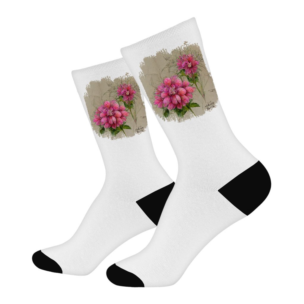 Pink Dahlia Flower Socks - Painted Novelty Socks - Graphic Crew Socks