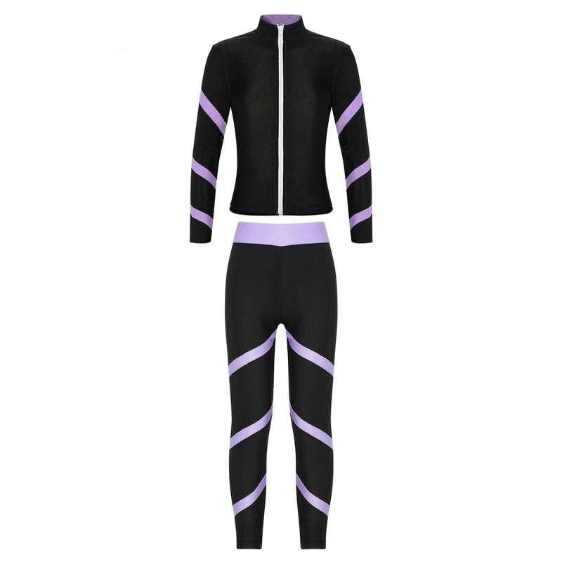 Girls' Striped Sportswear Set: Long Sleeve Zipper Top & Leggings for Gymnastics, Yoga & Dance