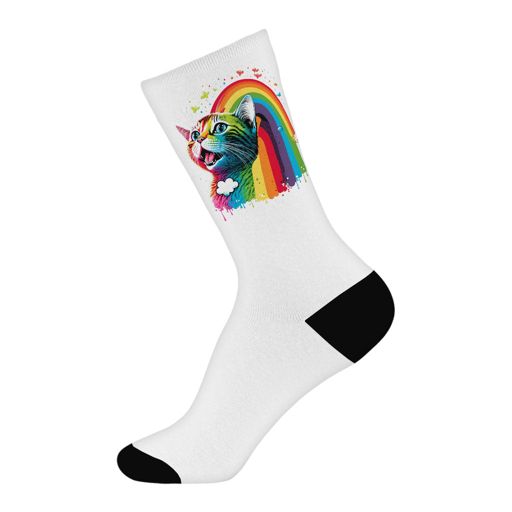 Rainbow Cat Socks - Colorful Novelty Socks - Cute Design Crew Socks