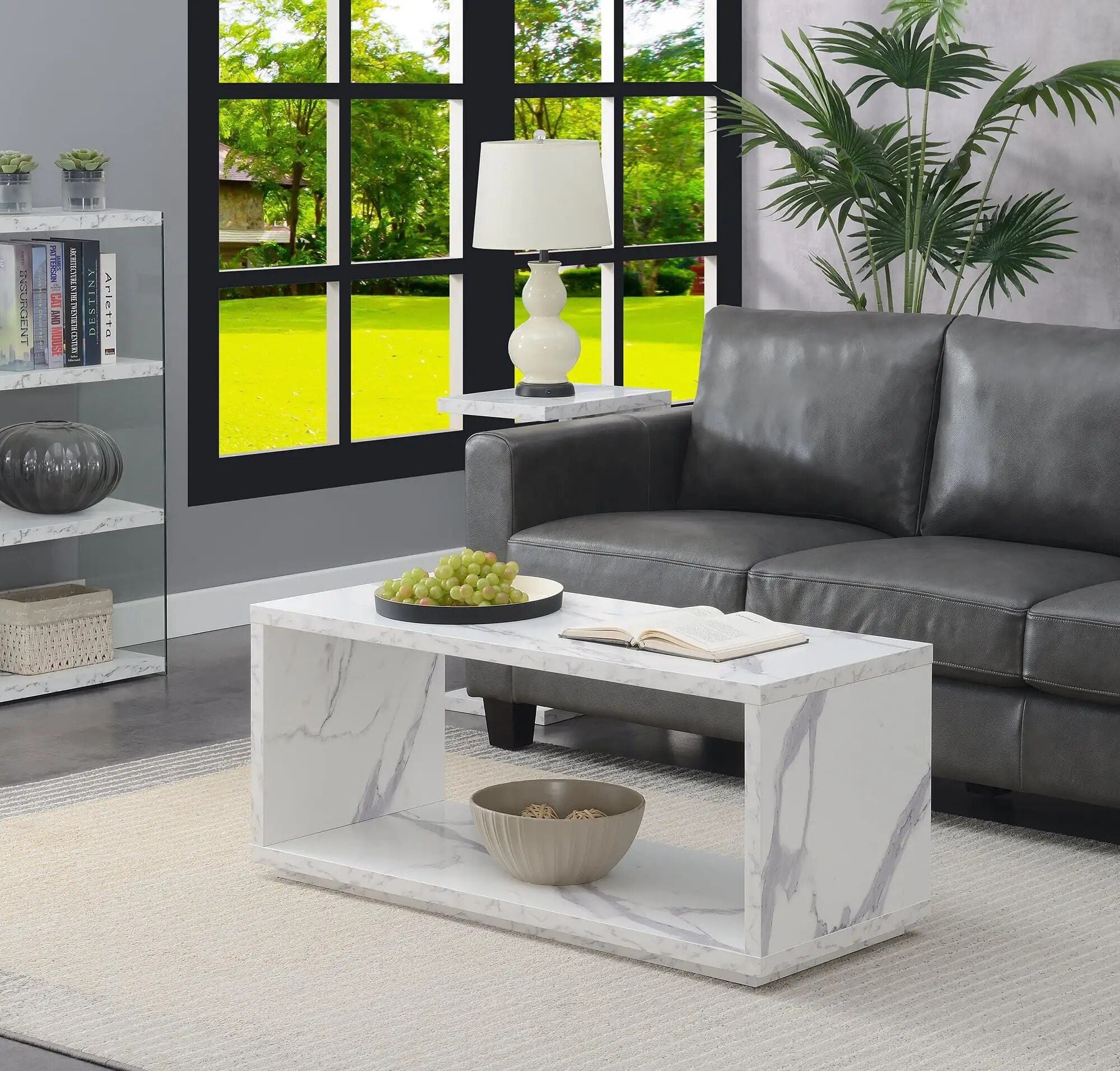 Elegant Faux White Marble Coffee Table with Shelf