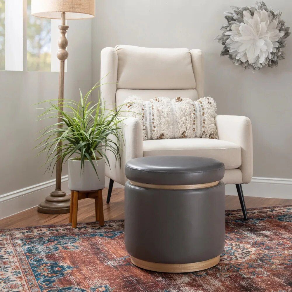 Elegant Gray Faux Leather Storage Ottoman Stool with Natural Pinewood Trim