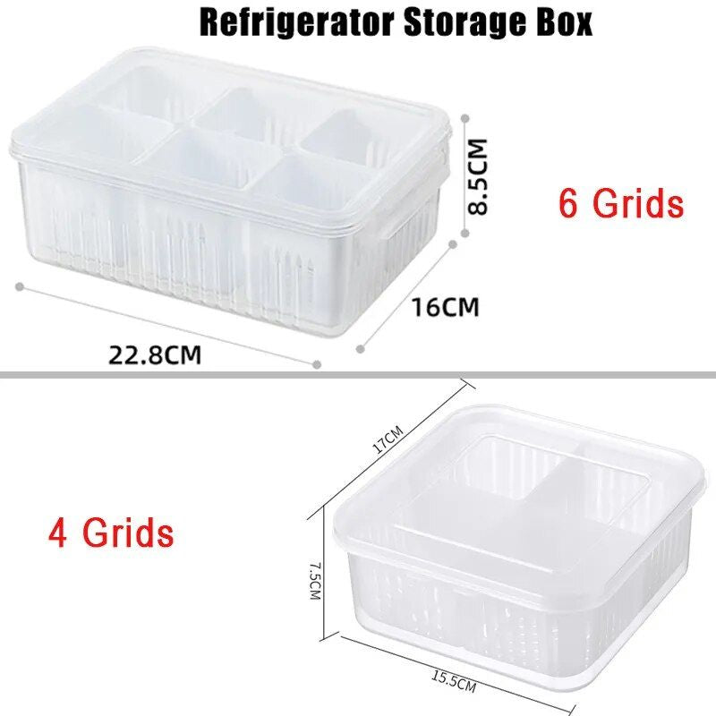 Multi-Grid Refrigerator Storage Box with Drain Basket