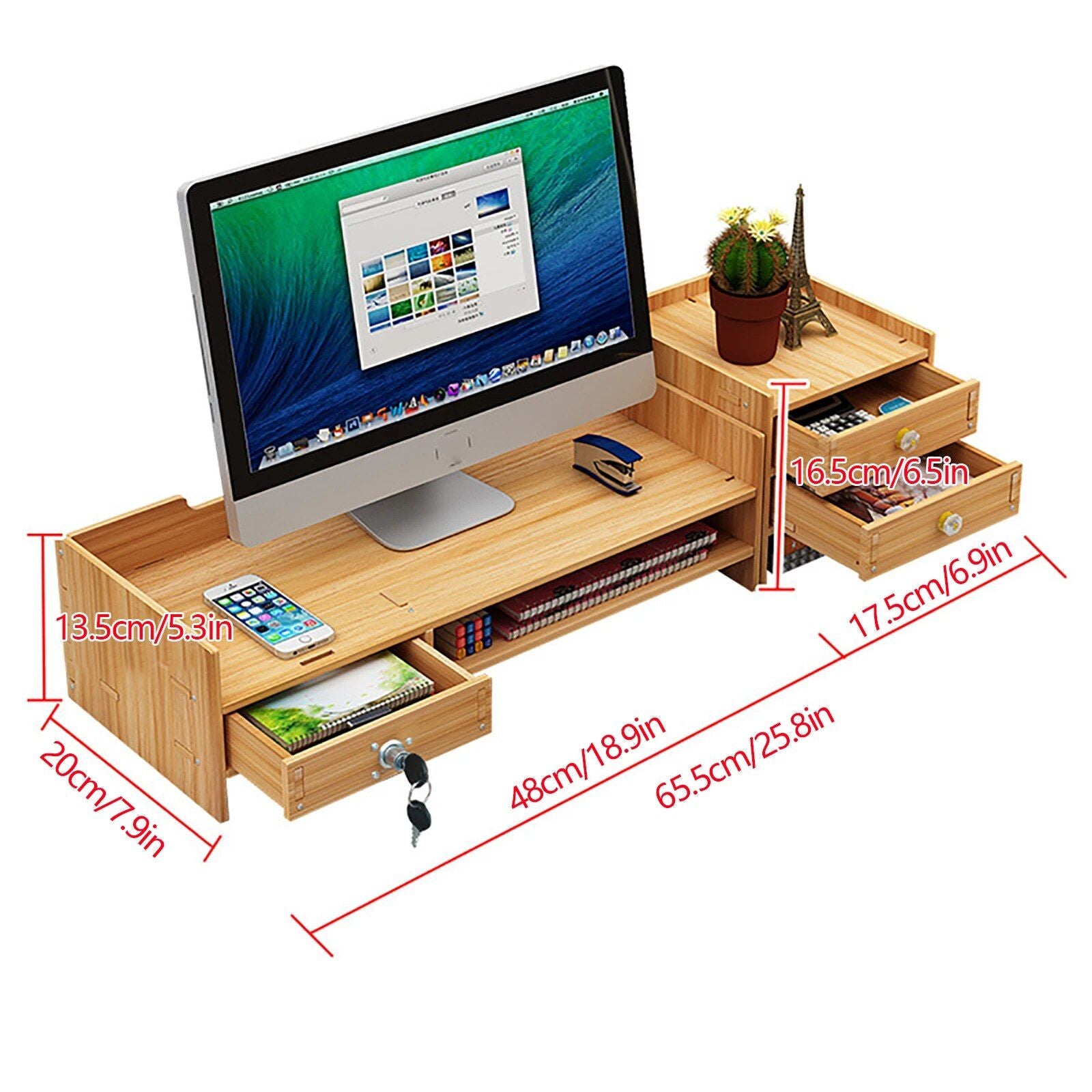 Cherry Wood Desktop Organizer with Drawers for Office and Home