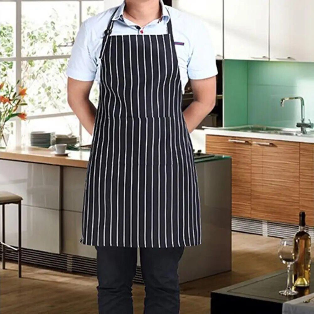 Adjustable Black and White Stripe Bib Apron with Pockets for Men and Women