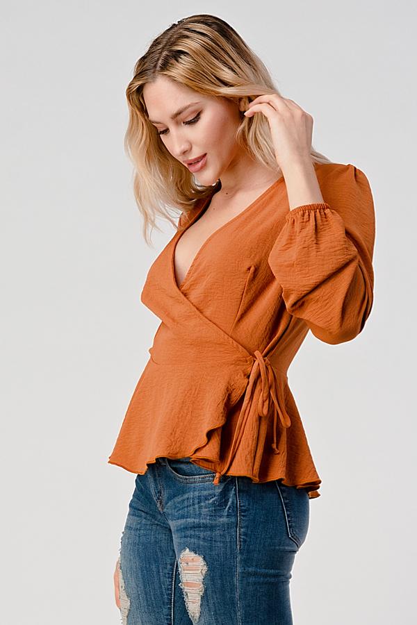 Surplice Tie Waist Long Sleeves Peplum Hem Blouse