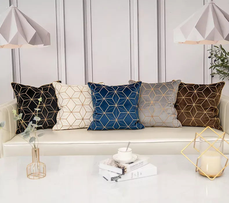 Geometric Plaid Embroidered Velvet Cushion Cover