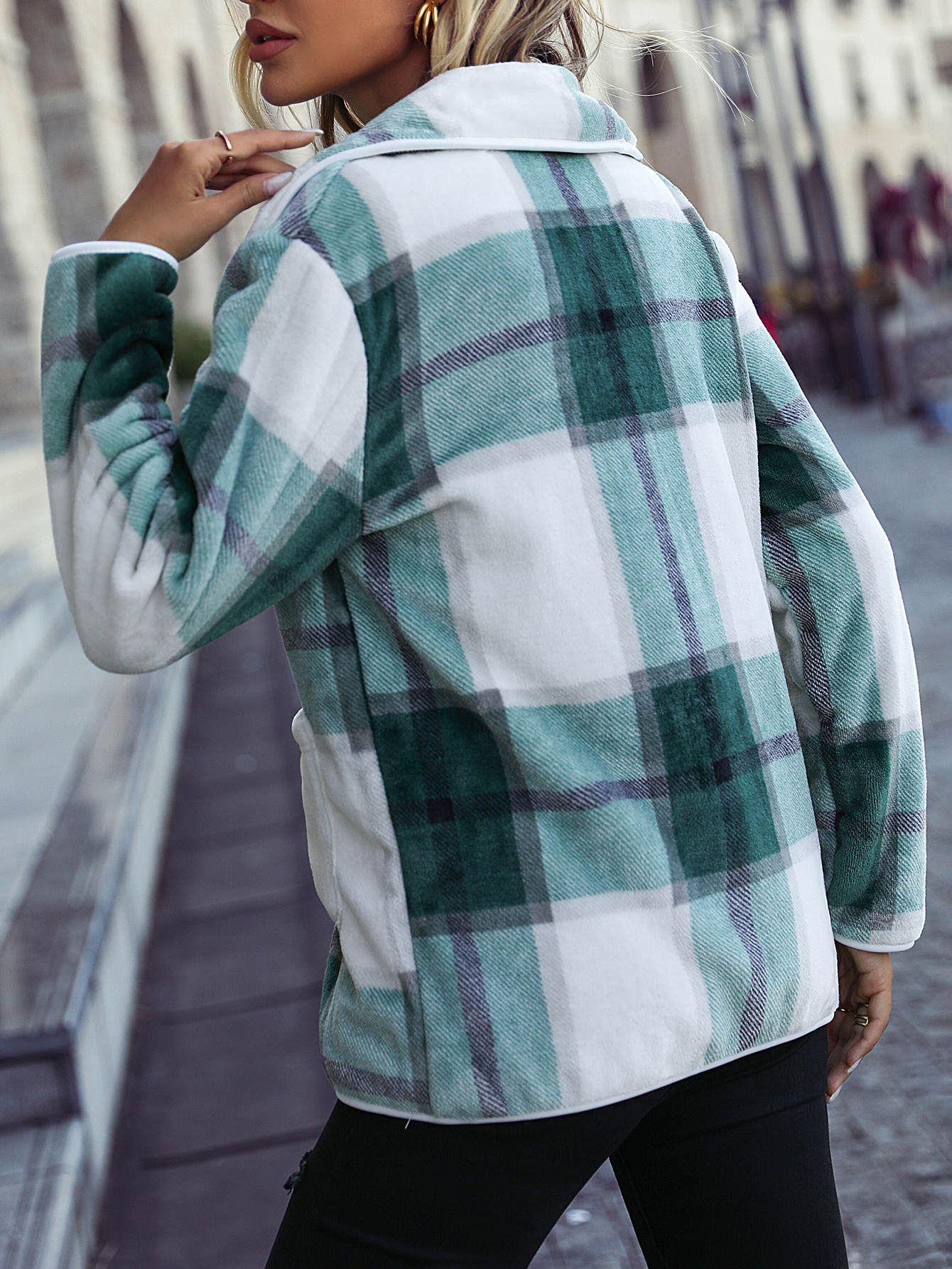 Plaid Collared Neck Brushed Jacket